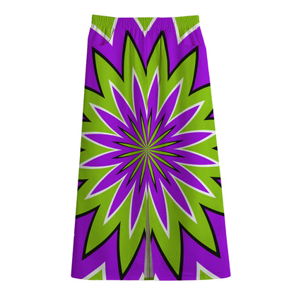 Green Flower Moving Optical Illusion Cotton Front Slit Maxi Skirt