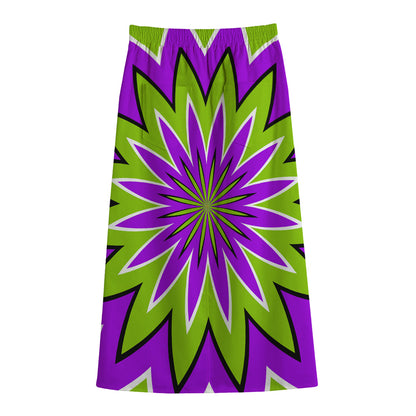 Green Flower Moving Optical Illusion Cotton Front Slit Maxi Skirt