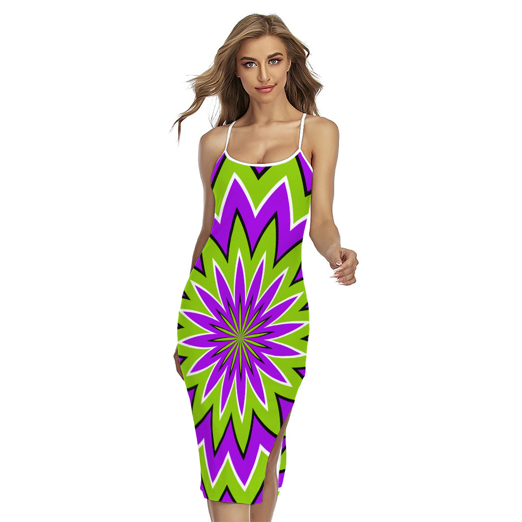 Green Flower Moving Optical Illusion Cross Back Cami Dress