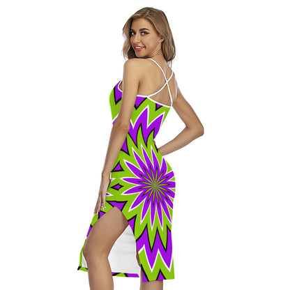 Green Flower Moving Optical Illusion Cross Back Cami Dress