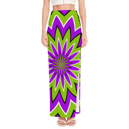 Green Flower Moving Optical Illusion High Slit Maxi Skirt