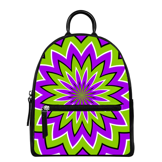 Green Flower Moving Optical Illusion Leather Backpack
