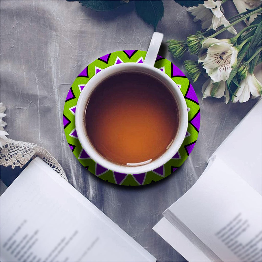 Green Flower Moving Optical Illusion Leather Coaster Set