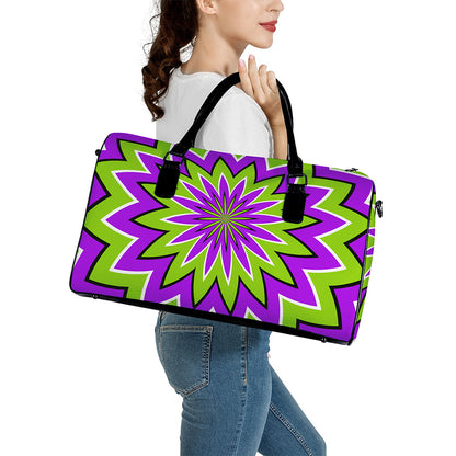 Green Flower Moving Optical Illusion Leather Duffle Bag