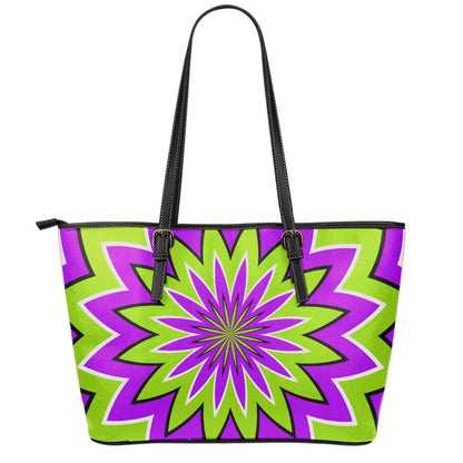Green Flower Moving Optical Illusion Leather Tote Bag