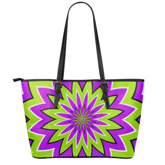 Green Flower Moving Optical Illusion Leather Tote Bag