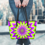 Green Flower Moving Optical Illusion Leather Tote Bag