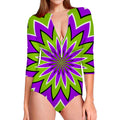 Green Flower Moving Optical Illusion Long Sleeve Swimsuit
