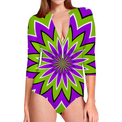 Green Flower Moving Optical Illusion Long Sleeve Swimsuit