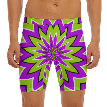 Green Flower Moving Optical Illusion Men's Long Boxer Briefs