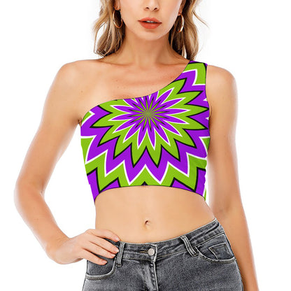 Green Flower Moving Optical Illusion One Shoulder Crop Top