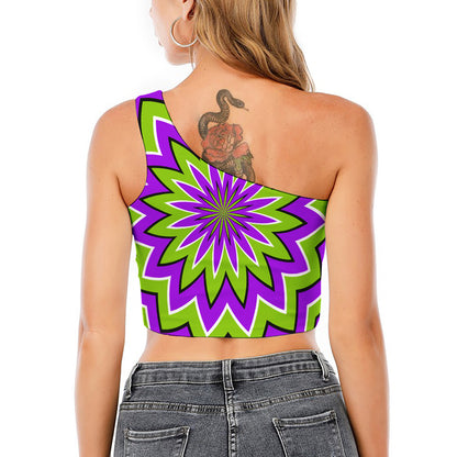 Green Flower Moving Optical Illusion One Shoulder Crop Top
