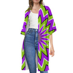 Green Flower Moving Optical Illusion Open Front Beach Cover Up