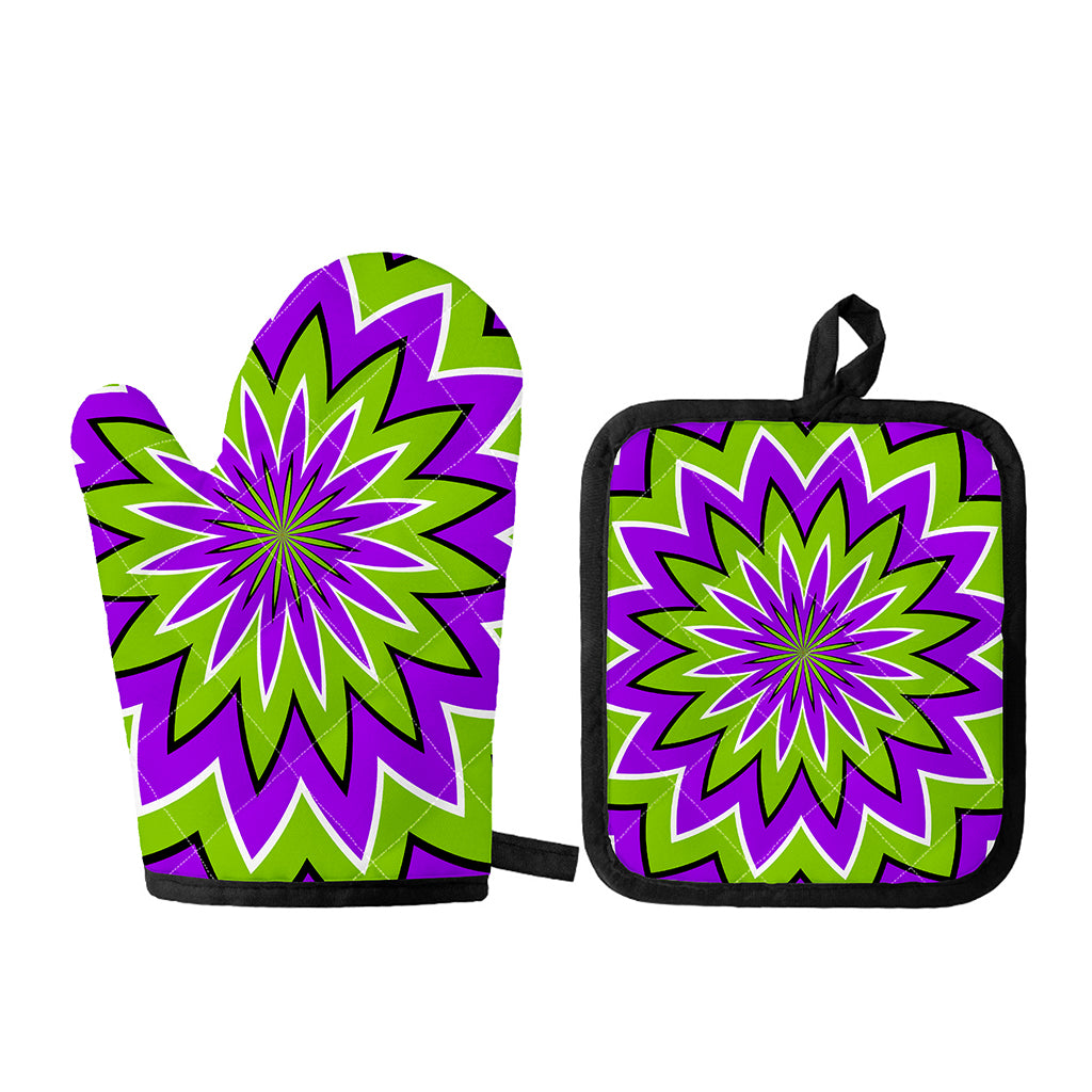 Green Flower Moving Optical Illusion Oven Mitt And Pot Holder Set