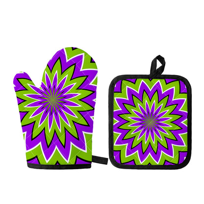 Green Flower Moving Optical Illusion Oven Mitt And Pot Holder Set