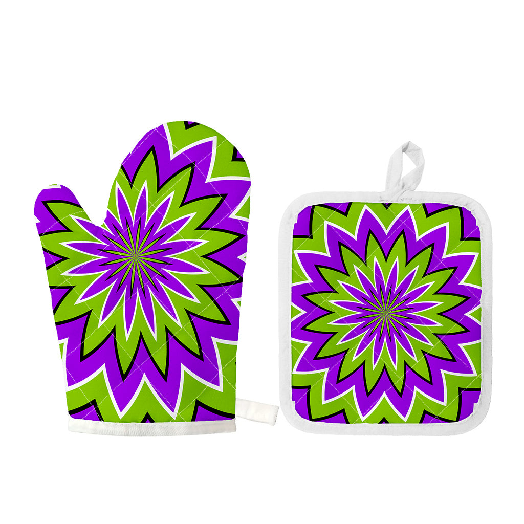 Green Flower Moving Optical Illusion Oven Mitt And Pot Holder Set