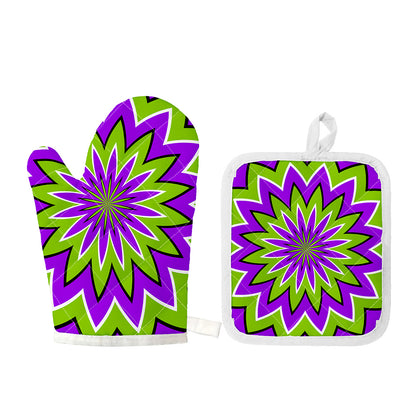 Green Flower Moving Optical Illusion Oven Mitt And Pot Holder Set