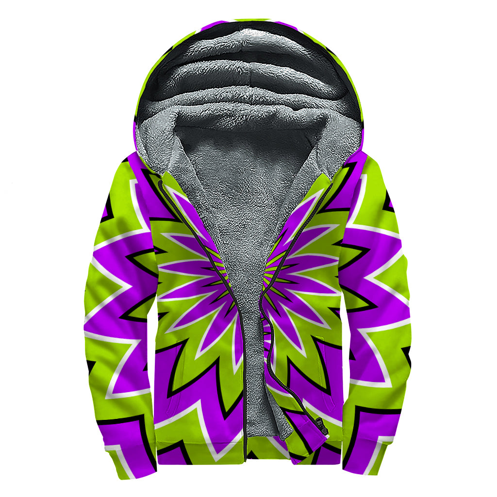 Green Flower Moving Optical Illusion Sherpa Lined Zip Up Hoodie