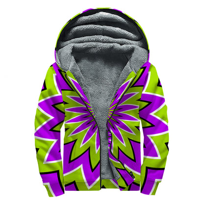 Green Flower Moving Optical Illusion Sherpa Lined Zip Up Hoodie