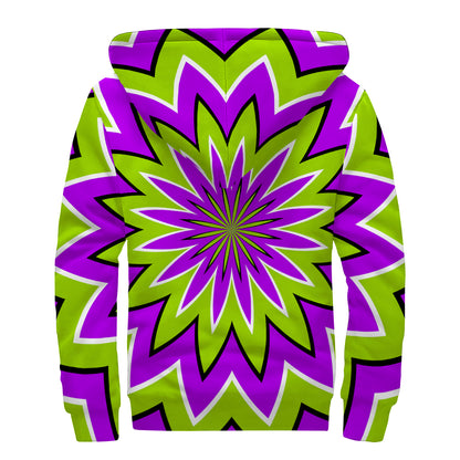 Green Flower Moving Optical Illusion Sherpa Lined Zip Up Hoodie