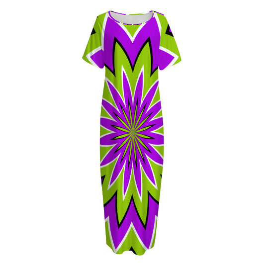 Green Flower Moving Optical Illusion Short Sleeve Long Nightdress
