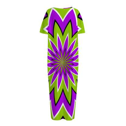 Green Flower Moving Optical Illusion Short Sleeve Long Nightdress