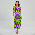 Green Flower Moving Optical Illusion Short Sleeve Maxi Dress