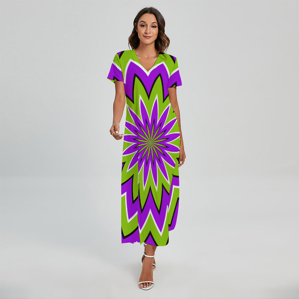 Green Flower Moving Optical Illusion Short Sleeve Maxi Dress