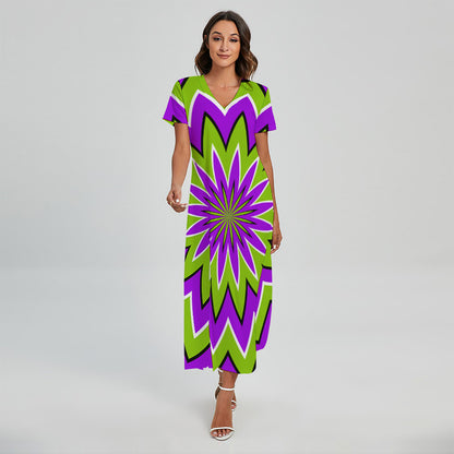 Green Flower Moving Optical Illusion Short Sleeve Maxi Dress
