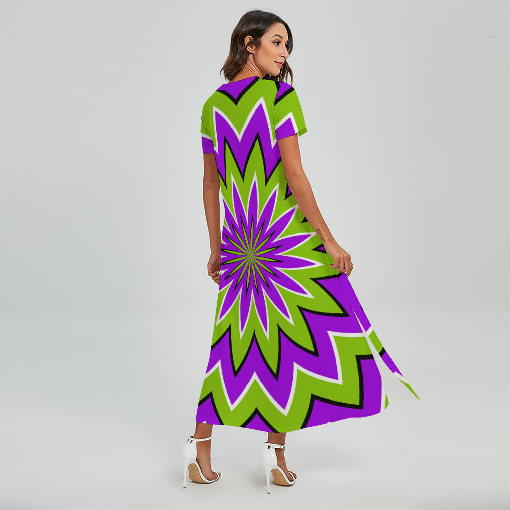 Green Flower Moving Optical Illusion Short Sleeve Maxi Dress