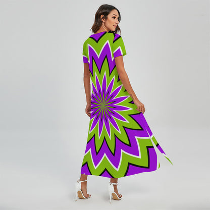 Green Flower Moving Optical Illusion Short Sleeve Maxi Dress