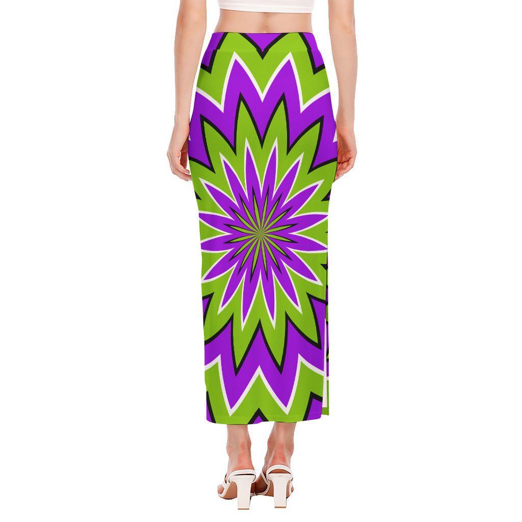 Green Flower Moving Optical Illusion Side Slit Maxi Skirt