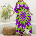 Green Flower Moving Optical Illusion Silk V-Neck Kaftan Dress