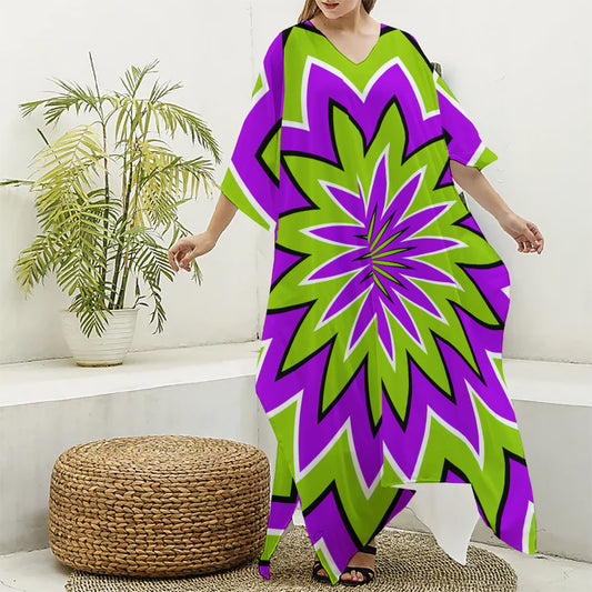 Green Flower Moving Optical Illusion Silk V-Neck Kaftan Dress