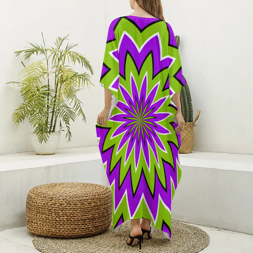 Green Flower Moving Optical Illusion Silk V-Neck Kaftan Dress