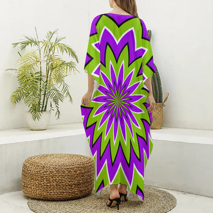 Green Flower Moving Optical Illusion Silk V-Neck Kaftan Dress