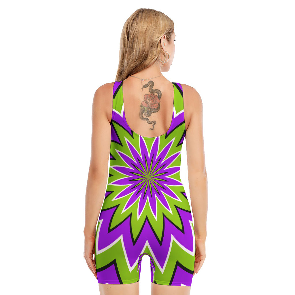 Green Flower Moving Optical Illusion Sleeveless One Piece Swimsuit