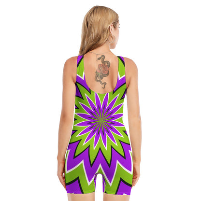 Green Flower Moving Optical Illusion Sleeveless One Piece Swimsuit