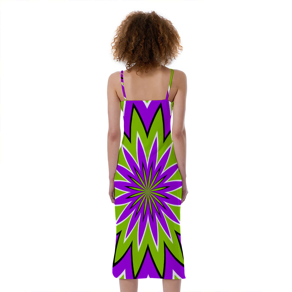Green Flower Moving Optical Illusion Slim Fit Midi Cami Dress