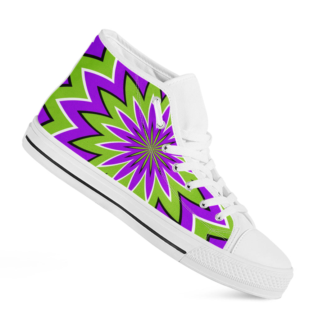 Green Flower Moving Optical Illusion White High Top Sneakers
