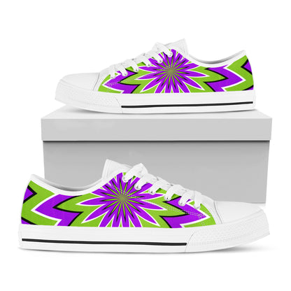 Green Flower Moving Optical Illusion White Low Top Sneakers