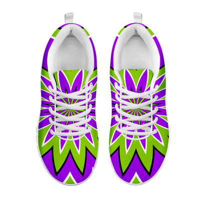 Green Flower Moving Optical Illusion White Running Shoes