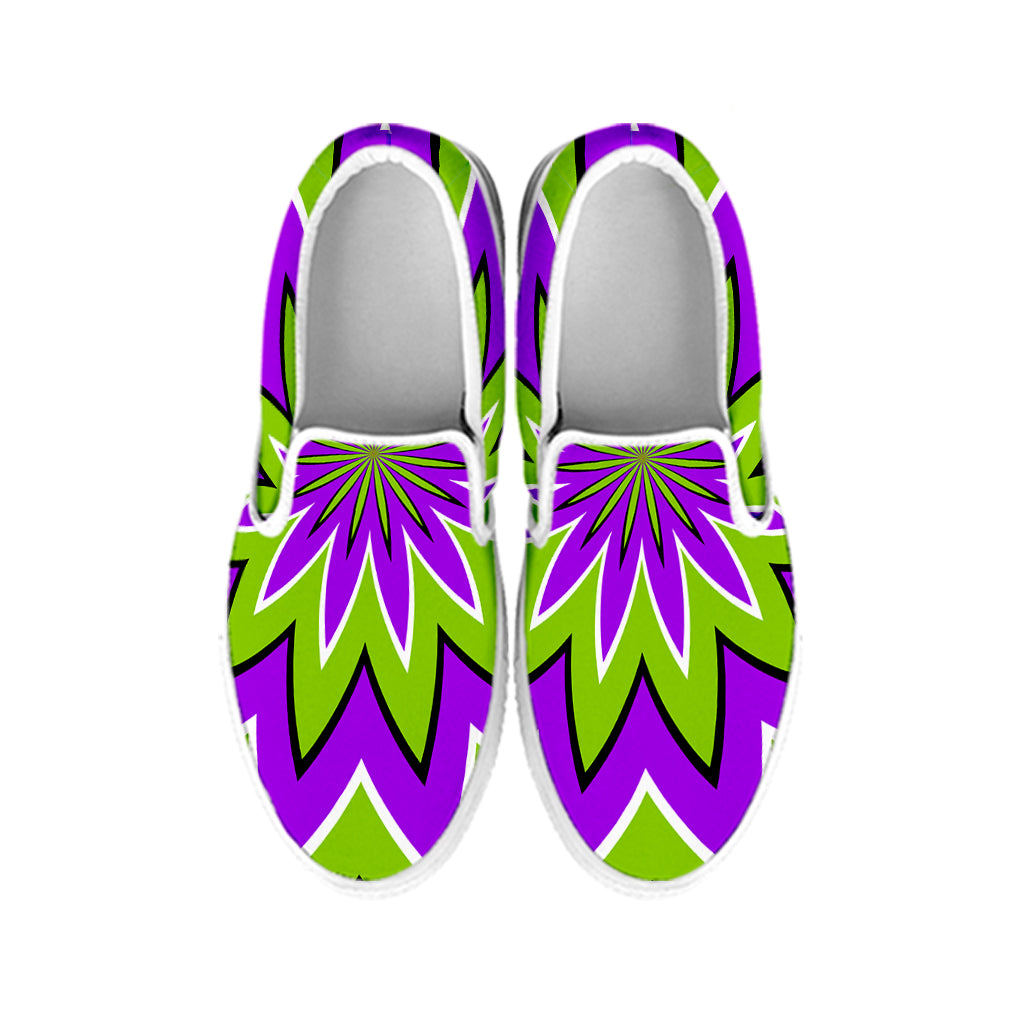 Green Flower Moving Optical Illusion White Slip On Sneakers