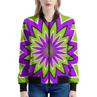 Green Flower Moving Optical Illusion Women's Bomber Jacket
