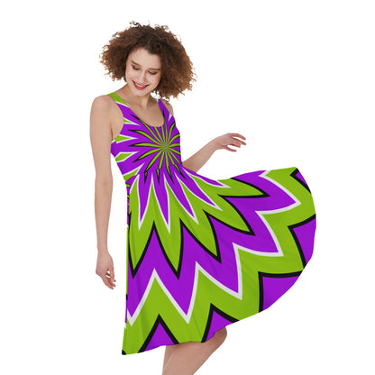 Green Flower Moving Optical Illusion Women's Sleeveless Dress
