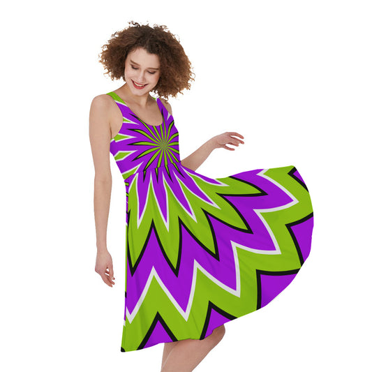 Green Flower Moving Optical Illusion Women's Sleeveless Dress