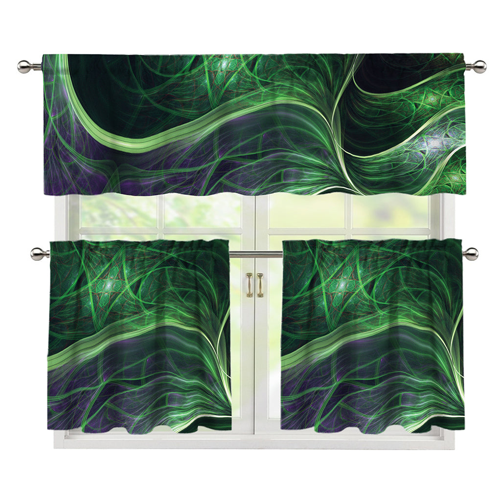 Green Fractal Print 3 Piece Kitchen Curtains