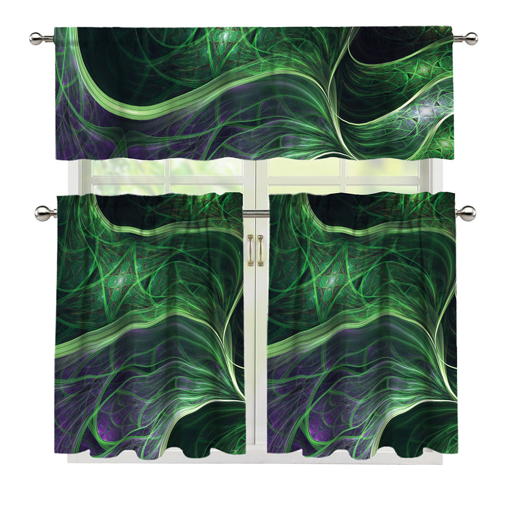 Green Fractal Print 3 Piece Kitchen Curtains
