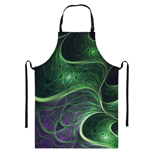 Green Fractal Print Bib Apron With Pocket