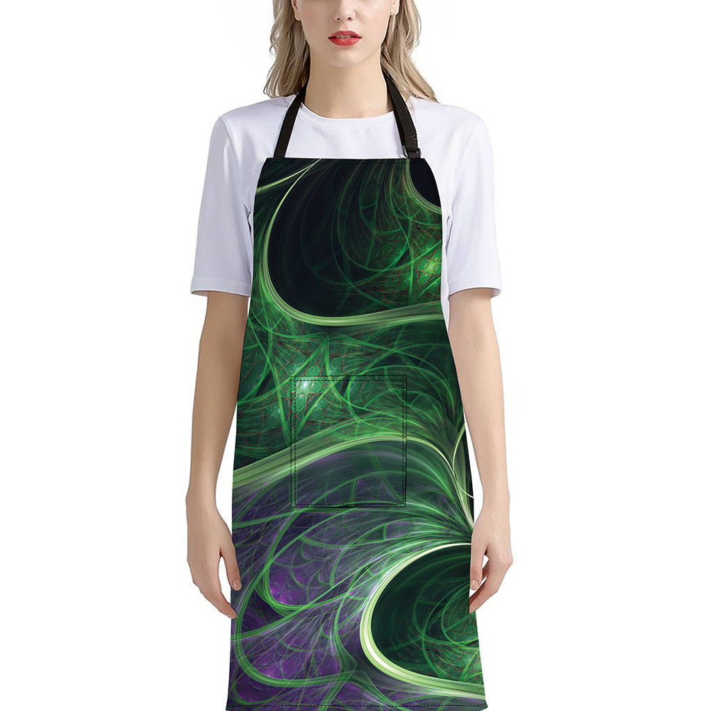 Green Fractal Print Bib Apron With Pocket